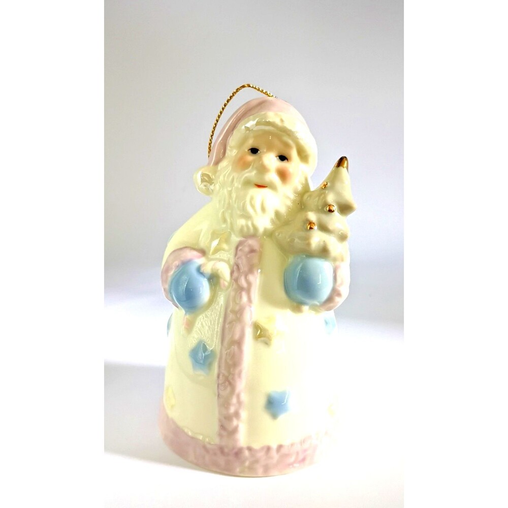Vtg Santa Christmas Ornament Bell 4.5" Dangling Boots Pastels Baum Bro 24K Gold
